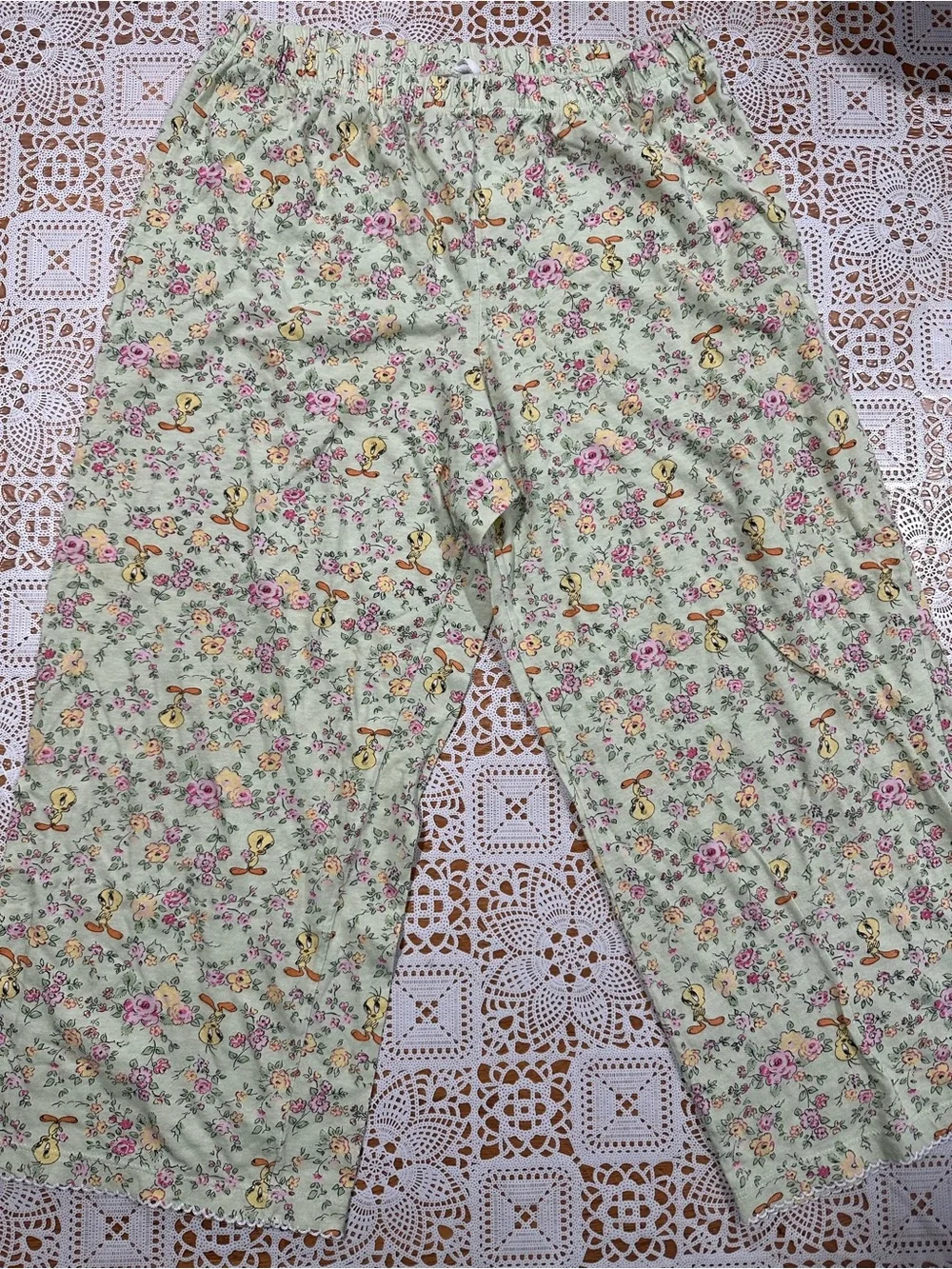 Tweety Bird Floral Lounge Pajama Pants Kids Size 12 Green Cotton Blend